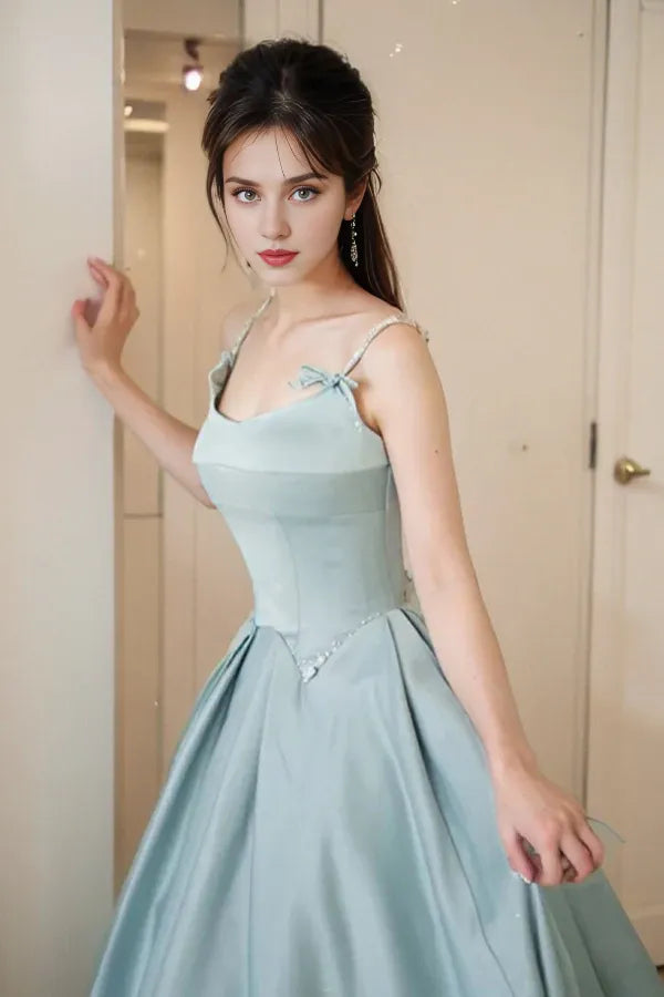 Robes de bal Magasins Chic Satin Bleu A Ligne Bretelles Spaghetti Perlée Longue Robe de Soirée Robe de Bal en Satin Bleu Robes Formelles pour Femmes